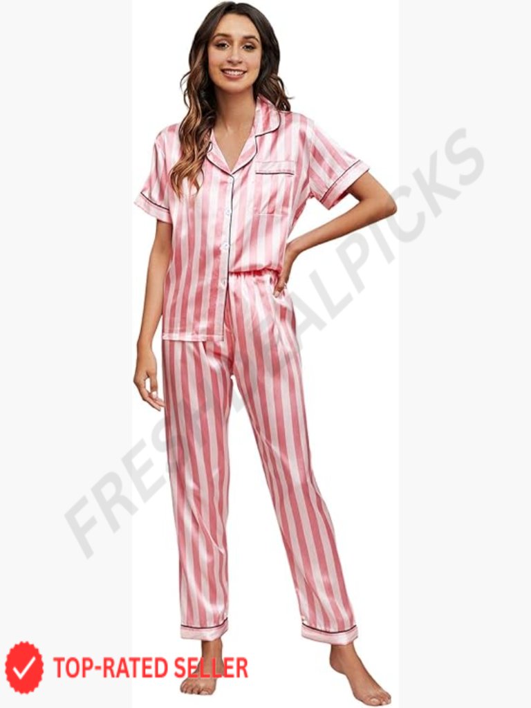 Satin Short Sleeve Pajama Set Striped Button Down Lounge Sleepwear